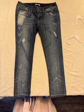 Mudd Women's Skinny Jeans in Dark Blue Wash with Distressed Details